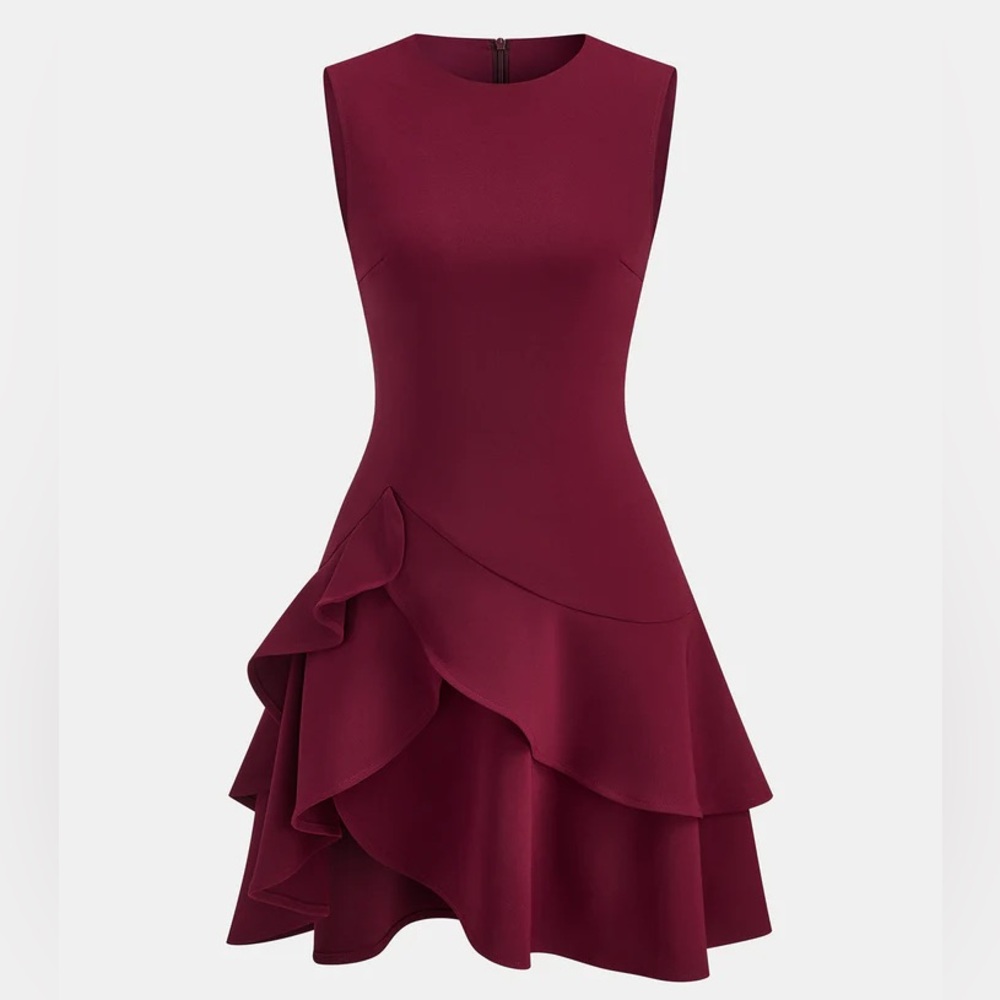 Commense Maroon Ruffle Mini Dress